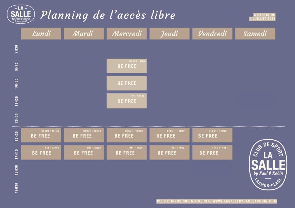 Planning des sessions Be Free avec accès en autonomie